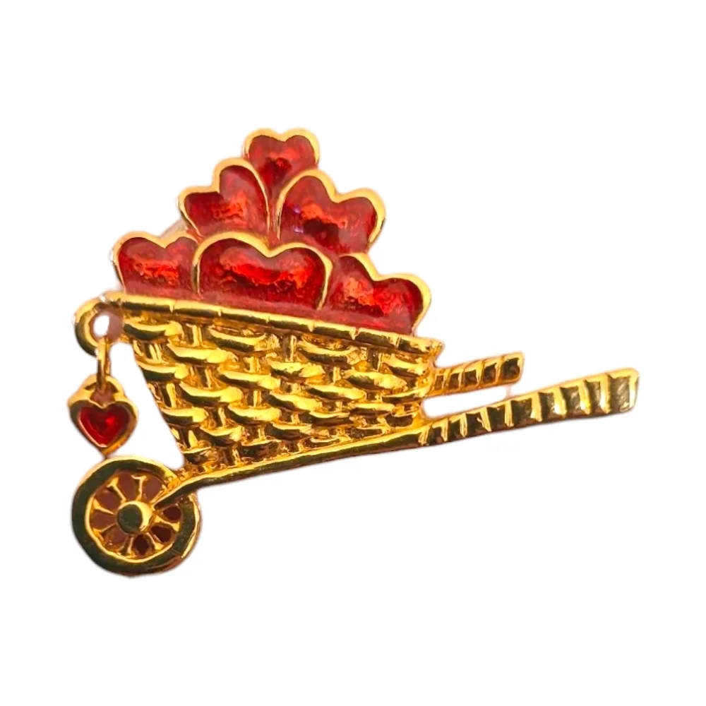 Gold and Red Heart Wheelbarrow Brooch